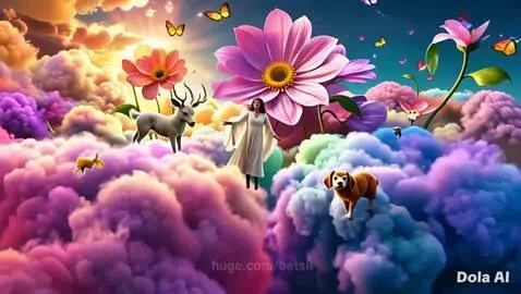 Dreamlike landscape with a woman in a white dress, giant colorful flowers, butterflies, and animals under a glowing sun.