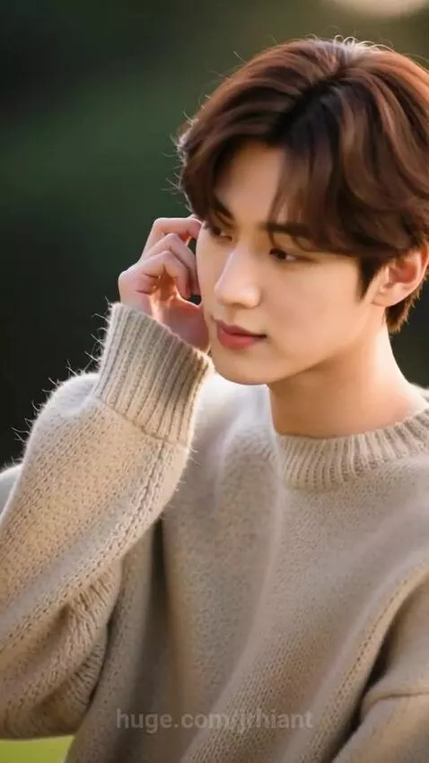 Young Korean man with medium layered brown hair wearing a cream oversized sweater, looking serene outdoors with a blurred green background.