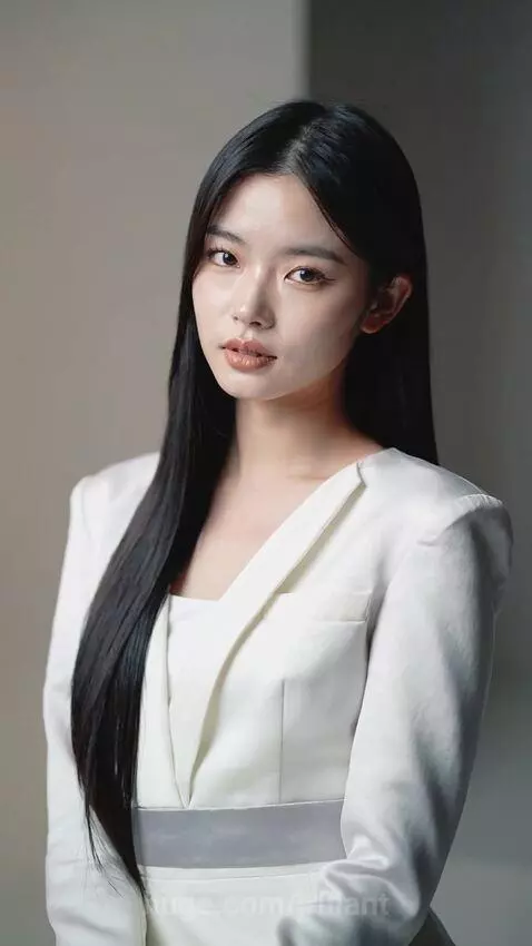 Elegant East Asian woman with long black hair, wearing a white blazer, posing confidently in a studio.