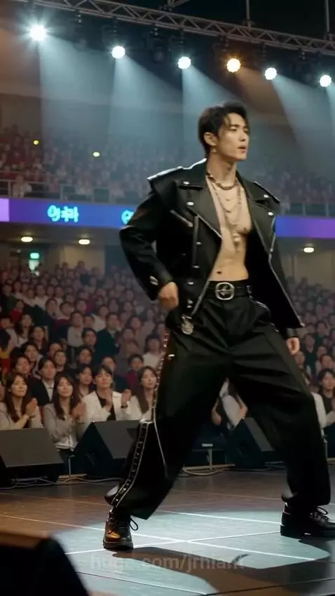 Male K-pop idol in a black leather jacket and pants, performing dynamically on a spotlighted stage.