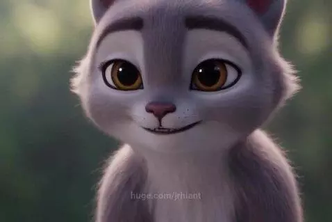 Close-up of a fluffy, animated grey cat-like creature with large brown eyes and a sweet smile against a blurred green background.