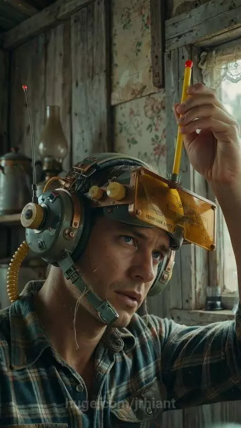 Man in a rustic cabin wearing a retro-futuristic headset with yellow visors, adjusting a dial.