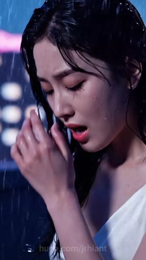 Woman crying in the rain at night, with city lights blurred in the background, conveying deep sadness.
