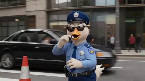 Animated duck in police uniform and sunglasses dancing on a busy city street, directing traffic.