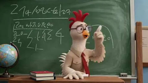 Animated chicken teacher in glasses and tie faints dramatically in front of a chalkboard while students laugh.