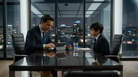 Adult and child in suits negotiating business at a boardroom table, city view.