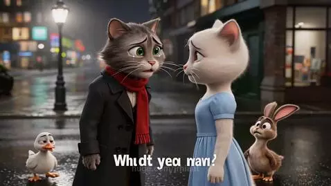 Two anthropomorphic cats in the rain under streetlights, one crying, discussing family acceptance of eating trash fish.