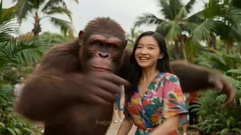 Woman laughing as a large ape hugs her in a tropical outdoor setting.