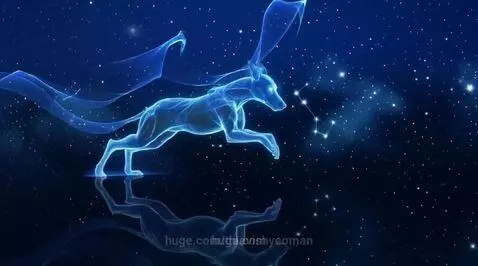 A glowing blue dog-like creature made of light runs through a dark, star-filled galaxy, with a reflection below.