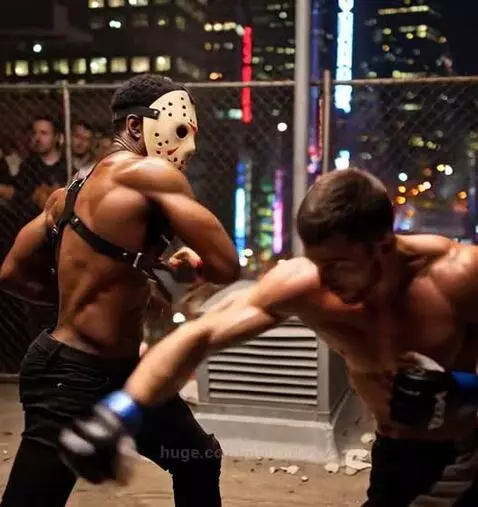 Muscular masked fighter in Jason Voorhees mask fighting shirtless opponent on city rooftop at night.