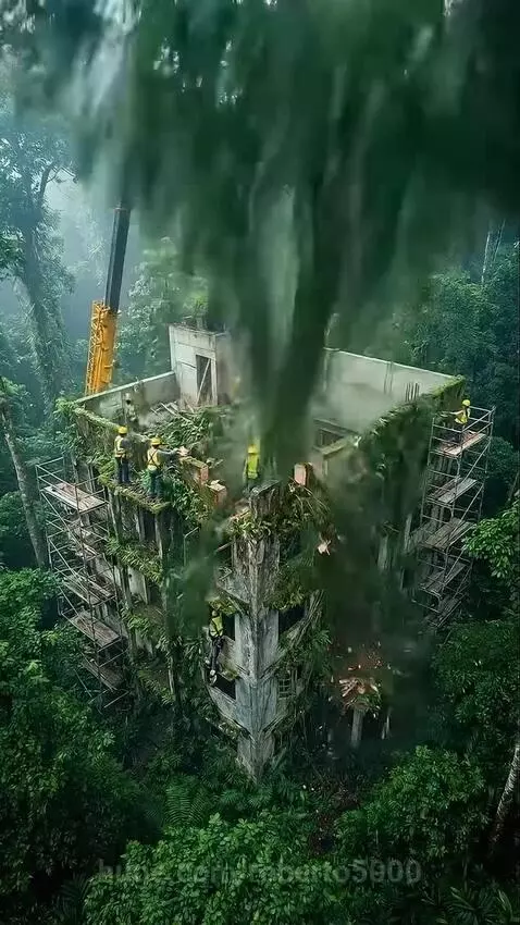 Time-lapse of an old jungle house being renovated into a modern luxury mansion with a rooftop pool.