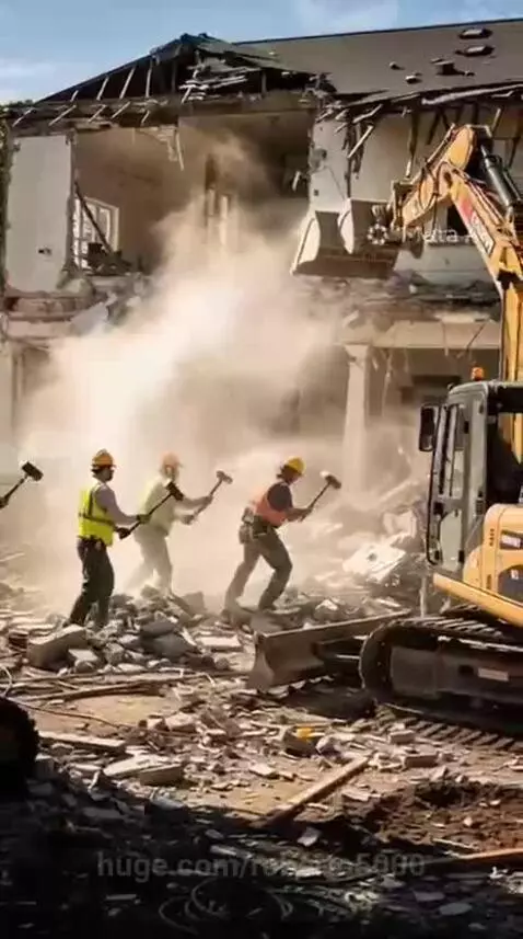 Time-lapse of a dilapidated house being demolished and rebuilt into a modern two-story home with landscaping.