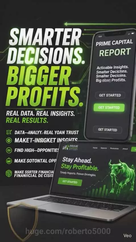 Smartphone and laptop displaying Prime Capital Report interface with green bull graphic and investor trust statistics.