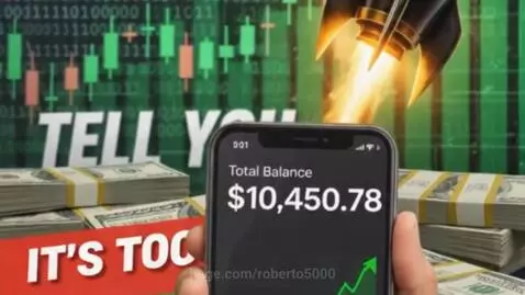 Smartphone screen showing increasing balance and upward trending graph, with US dollar bills and stock charts in background.