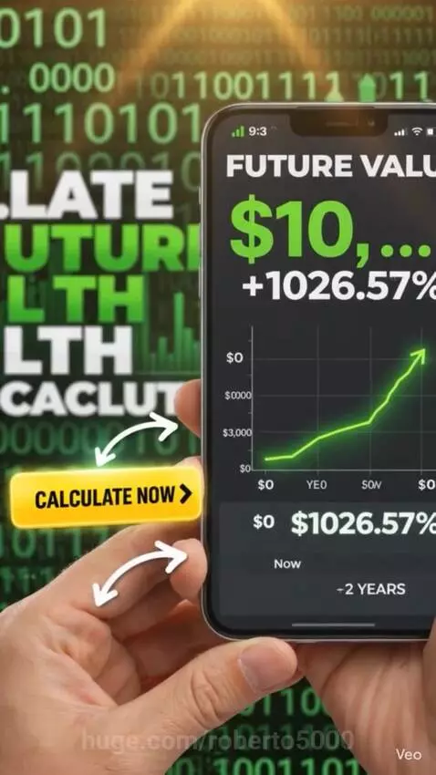 Financial calculator app on a smartphone showing future value growth with binary code background.
