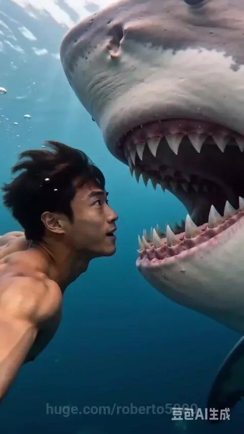 Man swimming underwater, facing a giant shark with its mouth open, then inside a tubular passage.