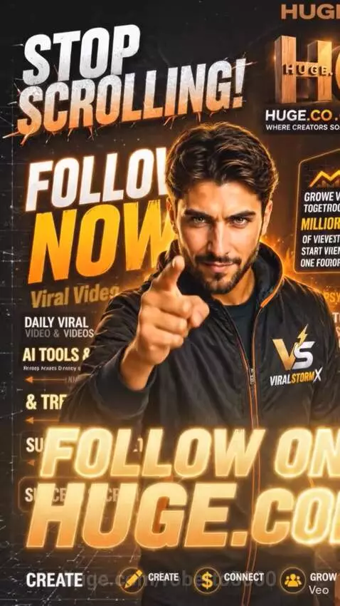 Promotional poster with man in black and orange jacket, text 'STOP SCROLLING! FOLLOW NOW!'