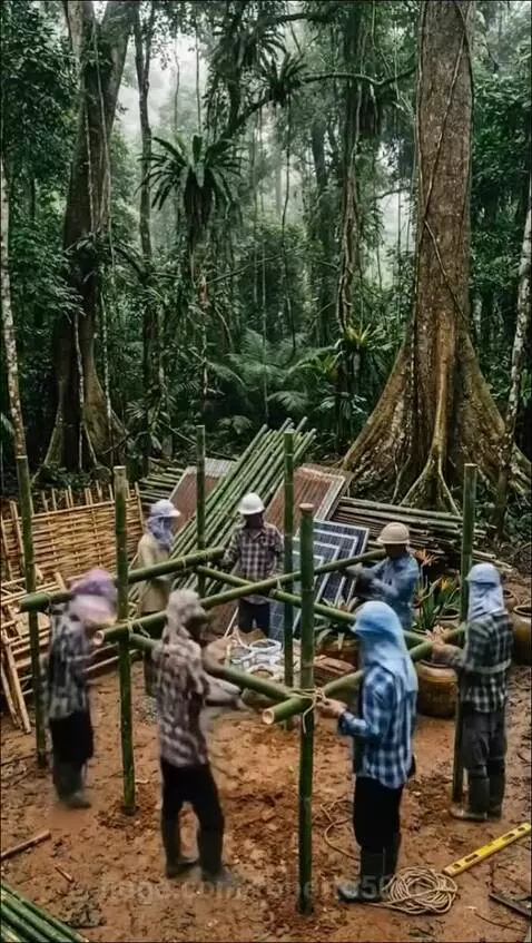 Time-lapse of a small, eco-friendly bamboo house being constructed in a forest, with solar panels on the roof.