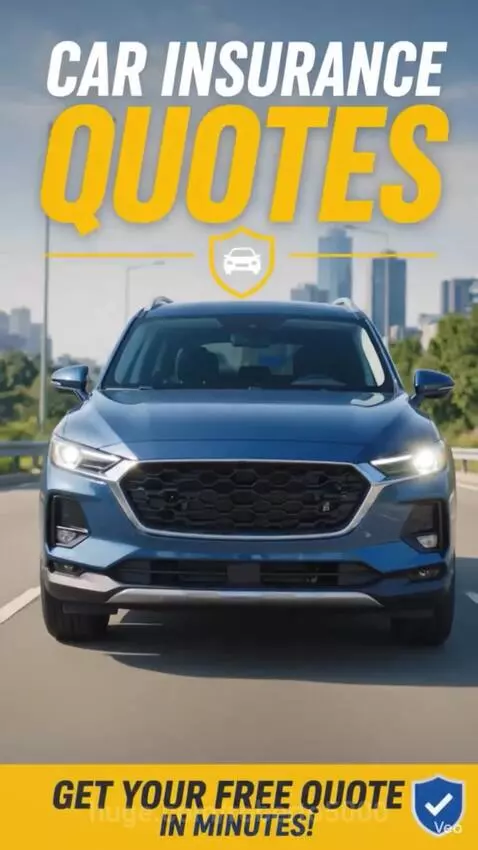 Blue SUV driving on a highway with city skyline. Text overlays: 'CAR INSURANCE QUOTES', 'GET YOUR FREE QUOTE', 'COMPARE. SAVE. DRIVE WORRY-FREE.'