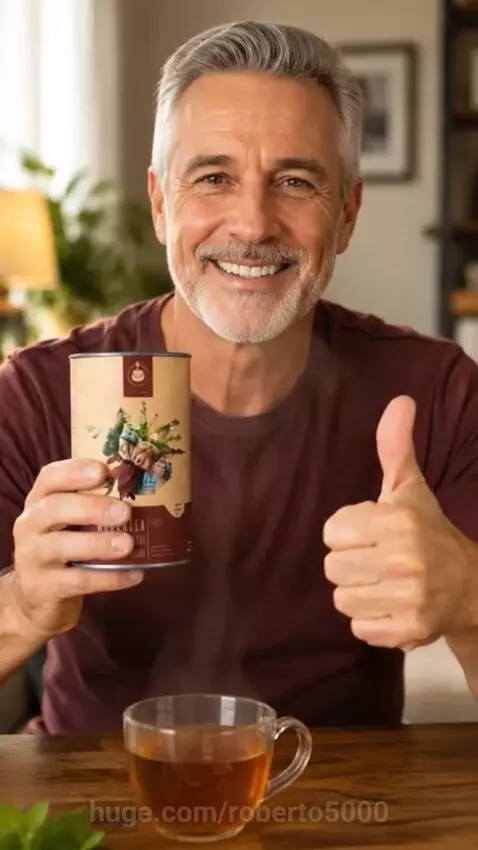 Man with beard and gray hair holding a Hypertea canister and a cup of steaming tea, giving a thumbs-up.