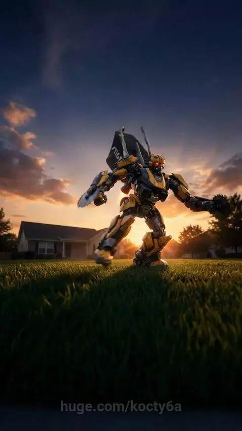 Yellow and black STIGA robot lawnmower transforming in a suburban yard at sunset.