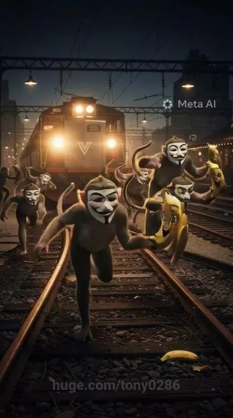 Masked monkeys with smiling bananas run along train tracks at dusk as a train approaches in an urban setting.
