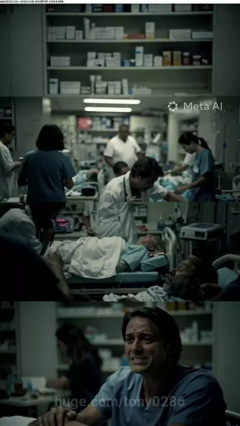 Distressed man in blue scrubs crying out in a chaotic hospital emergency room with other patients and staff.