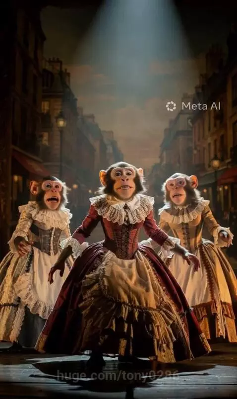 Three chimpanzees in detailed 18th-century opera gowns on a stage with a European street backdrop.