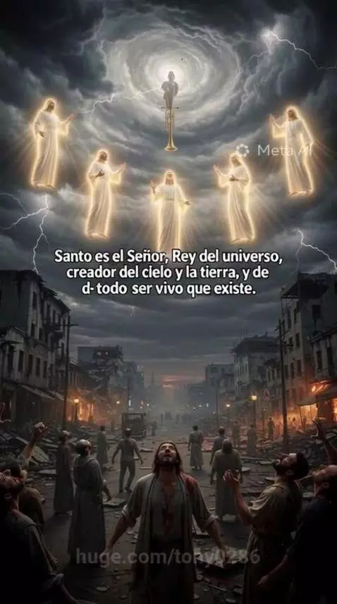 Stormy sky with glowing divine figures and a trumpet, people look up from a ruined city below.