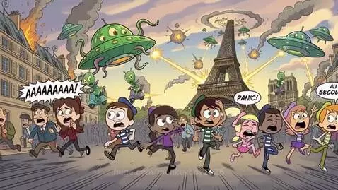 Cartoon depiction of Paris under alien attack, with flying saucers, lasers, explosions, and terrified people running.