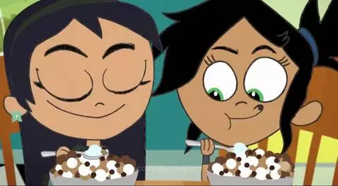 Animated characters enjoying Kellogg's Coco-Balls cereal and bouncing with energy.