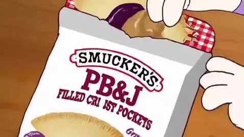 Animated girl eating a Smucker's PB&J Filled Crust Pocket with product shot in background.