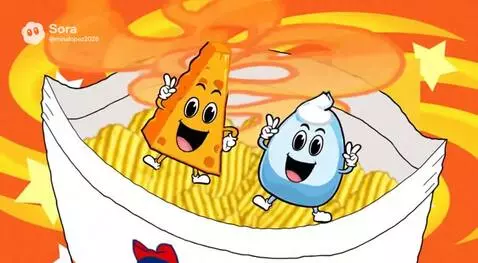 Animated girl with pigtails and orange outfit in a vibrant swirling background, introducing Utz chips.