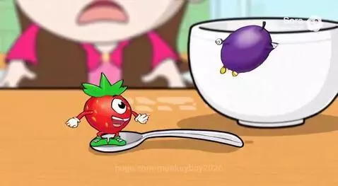 Animated Yoplait Strawberry Grape Froyo cup with cute strawberry and grape characters emerging.