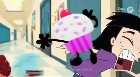 Students screaming and running from animated cupcakes in a school hallway, with a janitor observing.