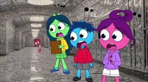 Cartoon characters, one red with horns and one purple with wings, in a chase that ends with a hug in a mop bucket.