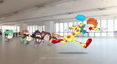 Cartoon children excitedly chasing a clown holding a blue balloon through an office.