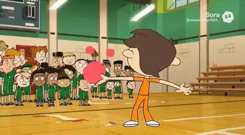 Animated character in orange jumpsuit throwing multiple dodgeballs at children in green uniforms.