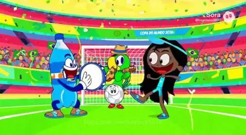 Animated Fanta Blue Raspberry bottle and girl playing soccer in a stadium for the FIFA World Cup.