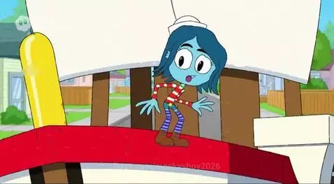 Ruby the Sailor emerging from a boat, offering Sailor Smacks cereal to children on a beach.
