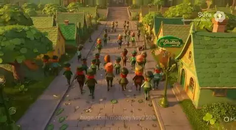 Animated leprechauns running from a giant tornado made of gold coins in a village square.