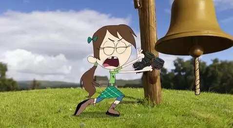 Cartoon girl with binoculars spots a bobcat stampede in Scotland, then rings a bell to warn villagers.