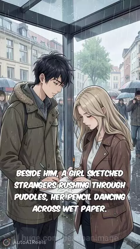 Anime couple, Liam and Elena, at a rainy Berlin bus stop, making eye contact.