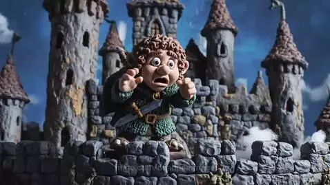 Hobbit-like character on castle wall as a fiery dragon bursts out, roaring.