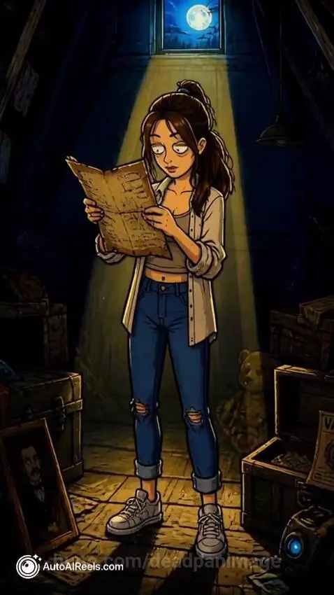 Animated characters examining a mysterious map in a dimly lit room, leading to an ancient well.