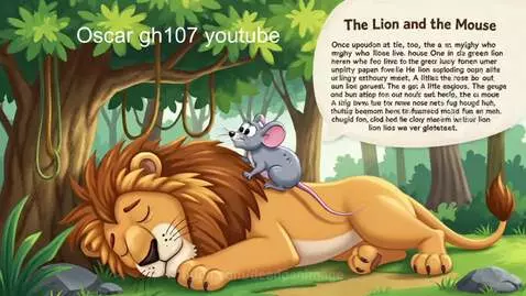 Animated lion roaring angrily at a small mouse resting on its back in a forest.