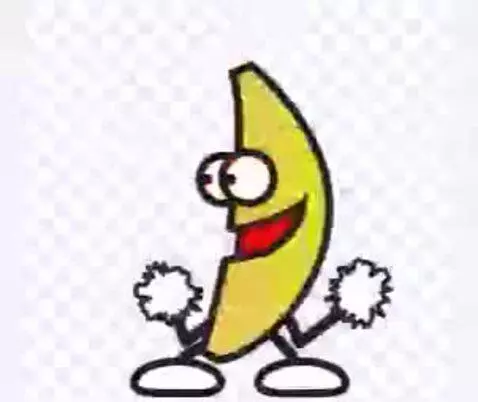Cartoon yellow banana character with white shoes and fluffy hands dancing with arms raised and bent.