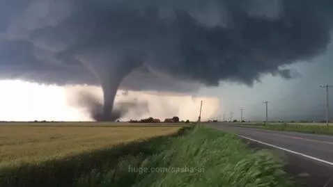 A large, powerful tornado touches down in a green rural field with dark, stormy clouds overhead.