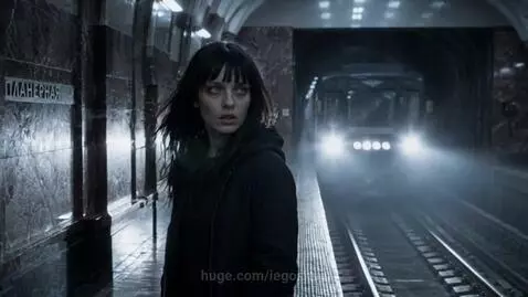 Young woman with pale eyes in a dark, rainy street, looking distressed.