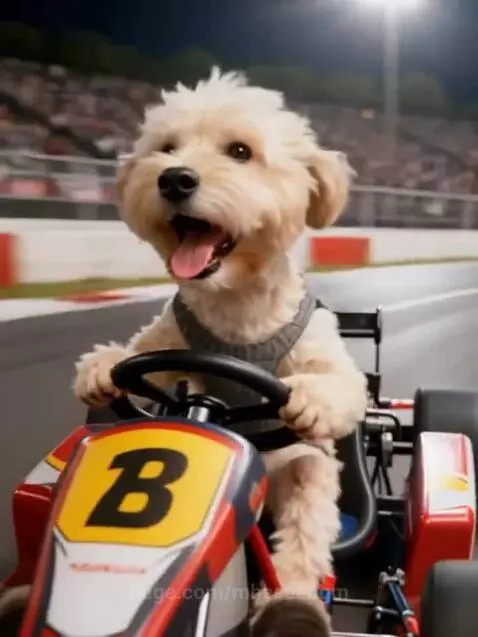 A cute, fluffy light-brown puppy wearing a grey vest, smiling with its tongue out while driving a go-kart.